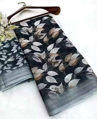 Marabout Digital Print Bollywood Cotton Linen Saree(Black)