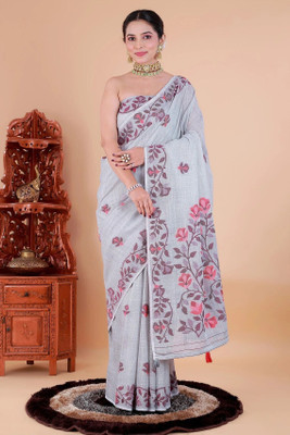 NEGRONI Floral Print Daily Wear Linen Saree(Grey)