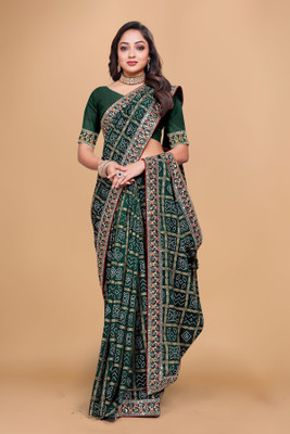 DRIZOMIZ Printed Bandhani Dupion Silk Saree(Green)