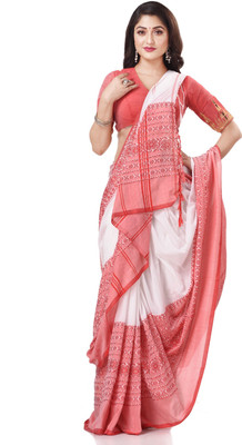 Desh Bidesh Self Design Handloom Handloom Cotton Blend, Pure Cotton Saree(Red, White)