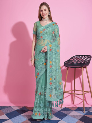 ANOUK Embroidered Chanderi Net Saree(Green)