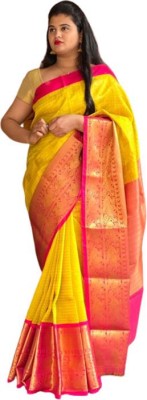 KAKADIYA Self Design Kanjivaram Pure Silk Saree(Yellow)