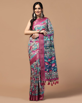 KAHIRAA WHOLETEX Printed Kalamkari Tussar Silk Saree(Grey)