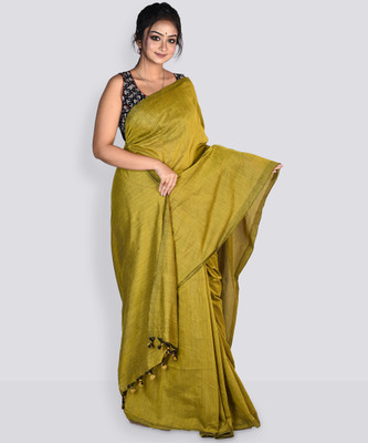 tantial Solid/Plain Handloom Pure Cotton Saree(Green)