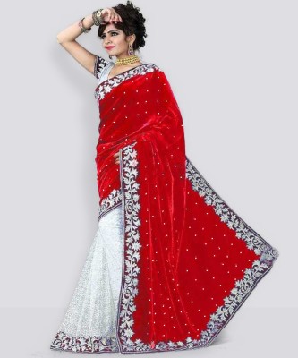 FoogFeb Embellished Bollywood Velvet Saree(Red)