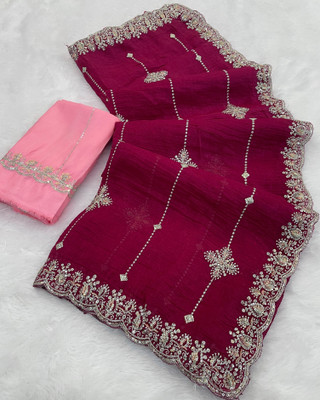 Tradivibe Embroidered, Embellished Bollywood Chiffon Saree(Pink)