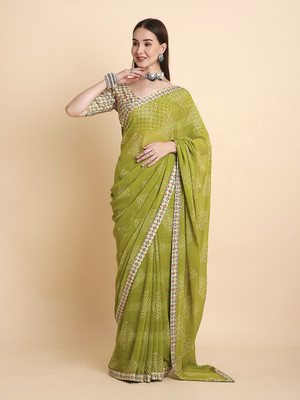 RATAN Printed Bandhani Chiffon Saree(Green)