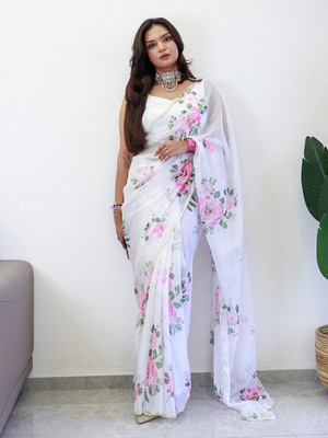 ANOUK Printed Chanderi Organza Saree(White)