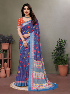 Soor Panchi Digital Print Paithani Cotton Linen Saree(Blue)