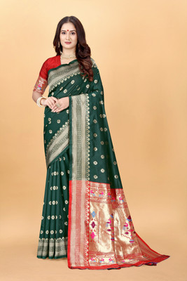 DHAYNAAND REEWA FASHION Woven Kanjivaram Tussar Silk Saree(Dark Green)