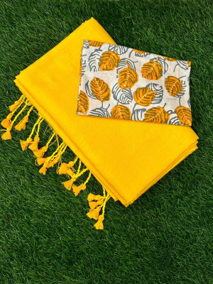 TARAMAACREATION Solid/Plain Bollywood Handloom Pure Cotton Saree(Yellow, White)