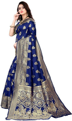 SHRIMAY Woven Kanjivaram Silk Blend Saree(Dark Blue)