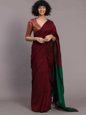 SRILOK Solid/Plain Handloom Cotton Blend Saree(Maroon, Green)