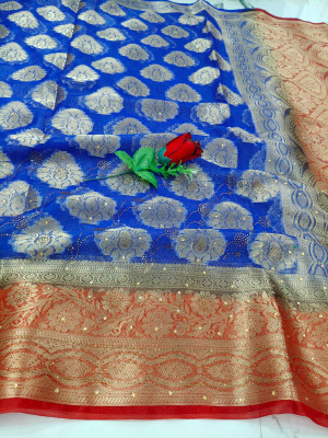 AKTRDERS Woven, Self Design Banarasi Organza Saree(Blue, Red)