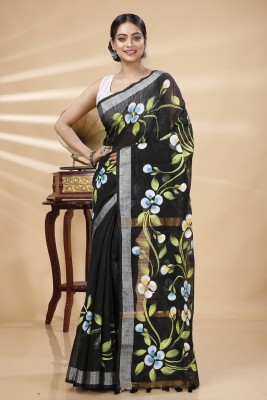 GitAsit Hand Painted Handloom Pure Cotton Saree(Black)