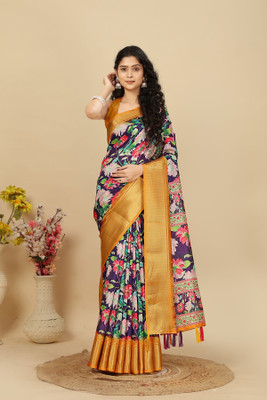 J6 Designers Self Design, Checkered, Printed Madhubani Cotton Silk Saree(Purple)