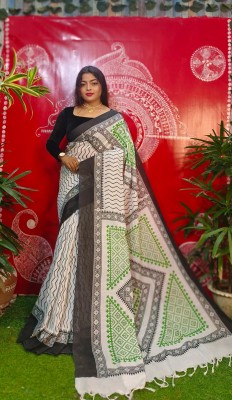 sdn Woven, Printed Tant Handloom Pure Cotton, Cotton Silk Saree(White, Green)