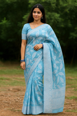 sareekraft Floral Print, Printed Saree with Attached Blouse Linen Saree(Light Blue)