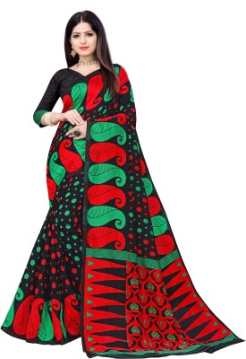 karm creation Floral Print Jamdani Pure Cotton Saree(Black)