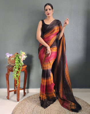 Divastri Geometric Print, Printed Bollywood Georgette Saree(Yellow, Maroon, Black)