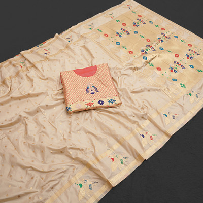 CP TEXTILE Embellished Banarasi Jacquard Saree(Cream)