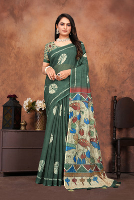 KRISHU ETHNICS Printed Tant Linen Saree(Dark Green)