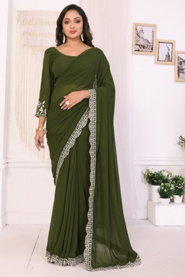 DWINIZAA STORE Embroidered Pre Draped Saree Georgette Saree(Green)