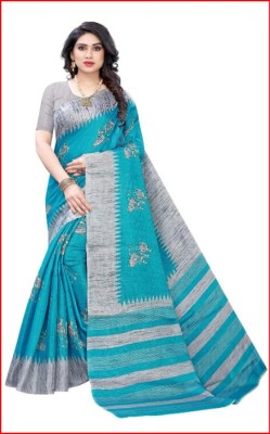 joesphmose Self Design Bollywood Cotton Linen Saree(Blue, Red)