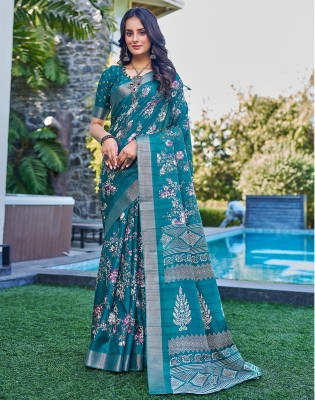 Divastri Embellished, Floral Print, Geometric Print Bollywood Silk Blend Saree(Blue, Cream)