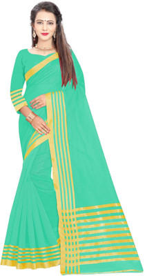 JS Clothing Mart Solid/Plain, Striped Banarasi Cotton Blend Saree(Green)