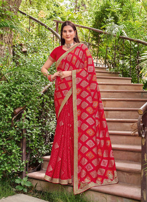 Laxmipati sarees Printed Saree with Attached Blouse Silk Blend Saree(Red)