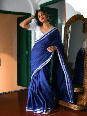 Trishul Solid/Plain Handloom Cotton Blend Saree(Blue)
