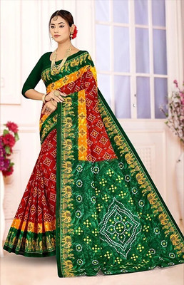 OceanInfinity Printed Bandhani Pure Cotton Saree(Multicolor, Red, Green, Yellow)