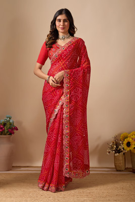 BELADIYA FASHION Embroidered, Printed Bandhani Georgette Saree(Red)