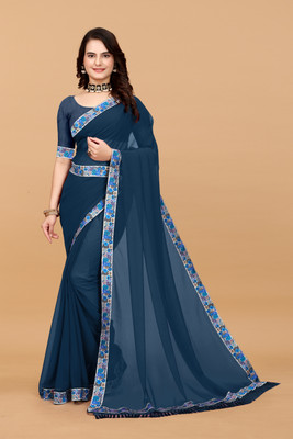 HIJA TRENDZ Embroidered, Solid/Plain Bollywood Georgette Saree(Blue)