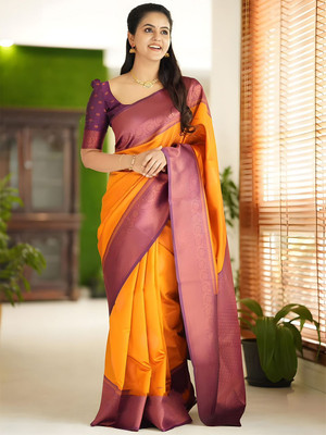 ANOUK Solid/Plain Kanjivaram Silk Blend Saree(Yellow)