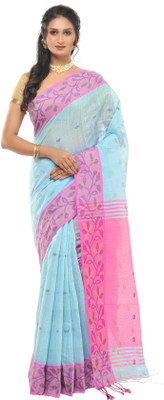 New Sareee Center Woven Handloom Pure Cotton Saree(Blue)