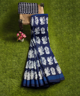 LOVWEAR Floral Print Daily Wear Pure Cotton Saree(Blue, White)