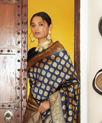 Janasya Woven, Self Design Banarasi Silk Blend Saree(Blue)