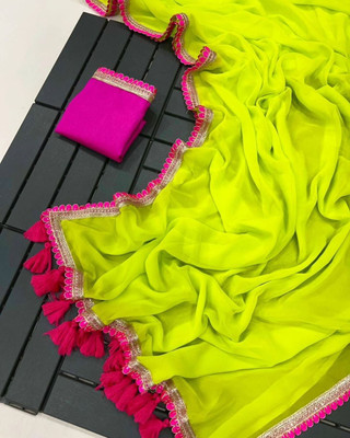 Vrati Creation Solid/Plain Bollywood Georgette Saree(Green)