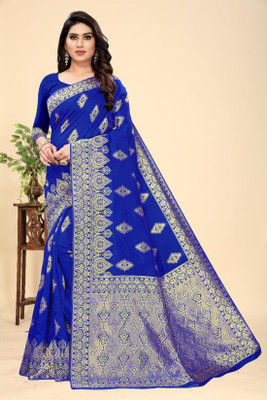 kevamifashion Self Design Kanjivaram Silk Blend Saree(Blue)