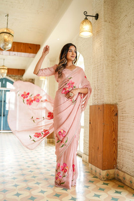 SHIVA Floral Print, Hand Painted Bollywood Lycra Saree(Pink)