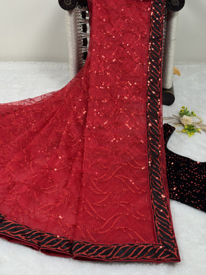 SROLY Embellished Bollywood Net Saree(Maroon)