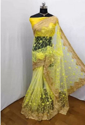 Zenomics Embroidered, Embellished Bollywood Net Saree(Yellow)