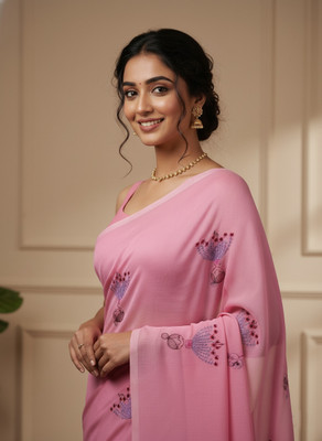 BongAp Embroidered Handloom Cotton Blend Saree(Pink)