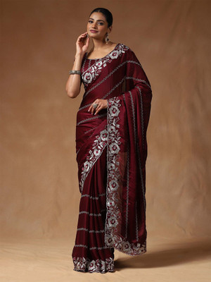 Sareemall Embroidered Bollywood Satin Saree(Maroon)