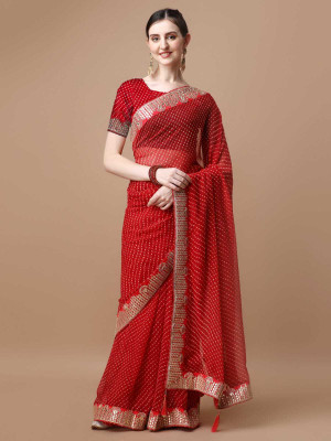 TINA FASHION Printed Bandhani Georgette Saree(Red)