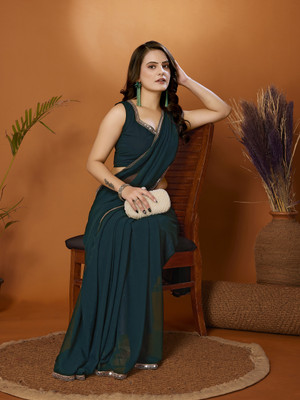 FABMORA Embellished, Solid/Plain Bollywood Georgette Saree(Green)