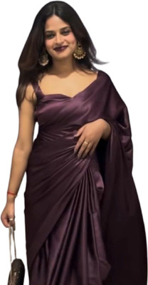 Sataz Solid/Plain Pre Draped Saree Satin Saree(Purple)