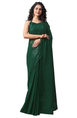 Styli-Nar Creation Printed, Digital Print, Striped, Self Design, Embroidered Bollywood Georgette Saree(Dark Green)